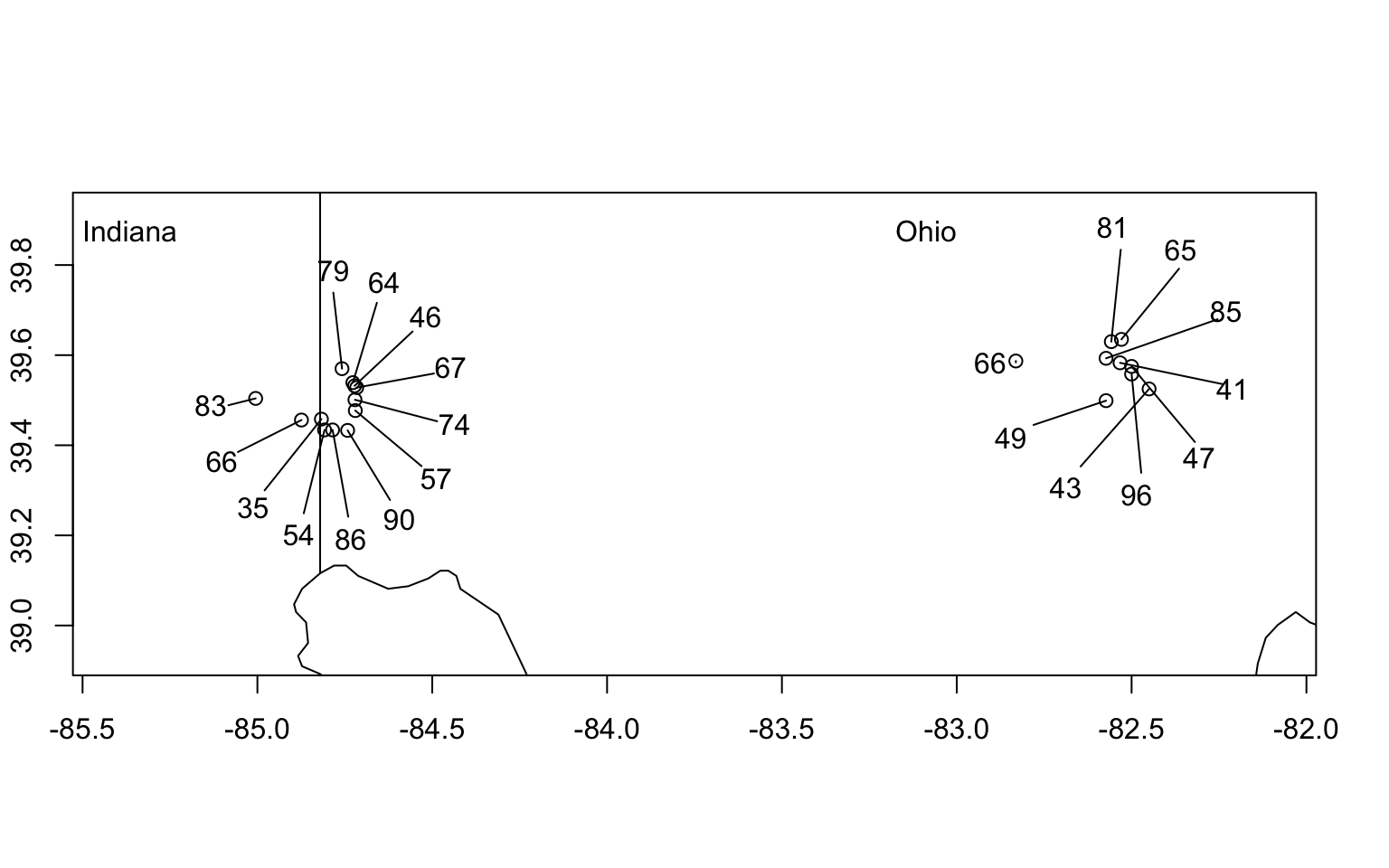 Hierarchical sampling of moth species richness in forest patches in Indiana and Ohio, USA. $\alpha$-diversity is the diversity of a single site (richness indicated by numbers). $\gamma$-diversity is the total number of species found in any of the samples (here $\gamma=230$ spp.). Additive $\beta$-diversity is the difference, $\gamma - \bar{\alpha}$, or the average number of species not observed in a single sample. Diversity partitioning can be done at two levels, sites within ecoregions and ecoregions within the geographic region (see example in text for details).