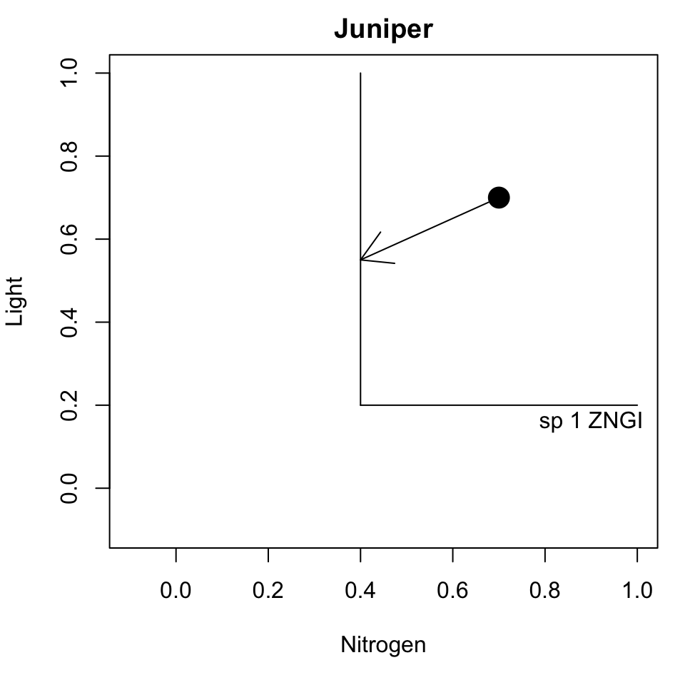*Two resources, and the zero net growth isoclines for two competing species. These show that maple has a higher minimum  requirement for nitrogen than for light, and the reverse for juniper. The arrows show how each species consumes the two resources simultaneously---they are the 'consumption vectors'. Their direction shows how maple and juniper  drive down light and nitrogen levels. The different slopes show us that us that each species consumes the two resources at different rates. Maple consumes twice as much light as nitrogen, and reverse for juniper. The units are arbitrary.*