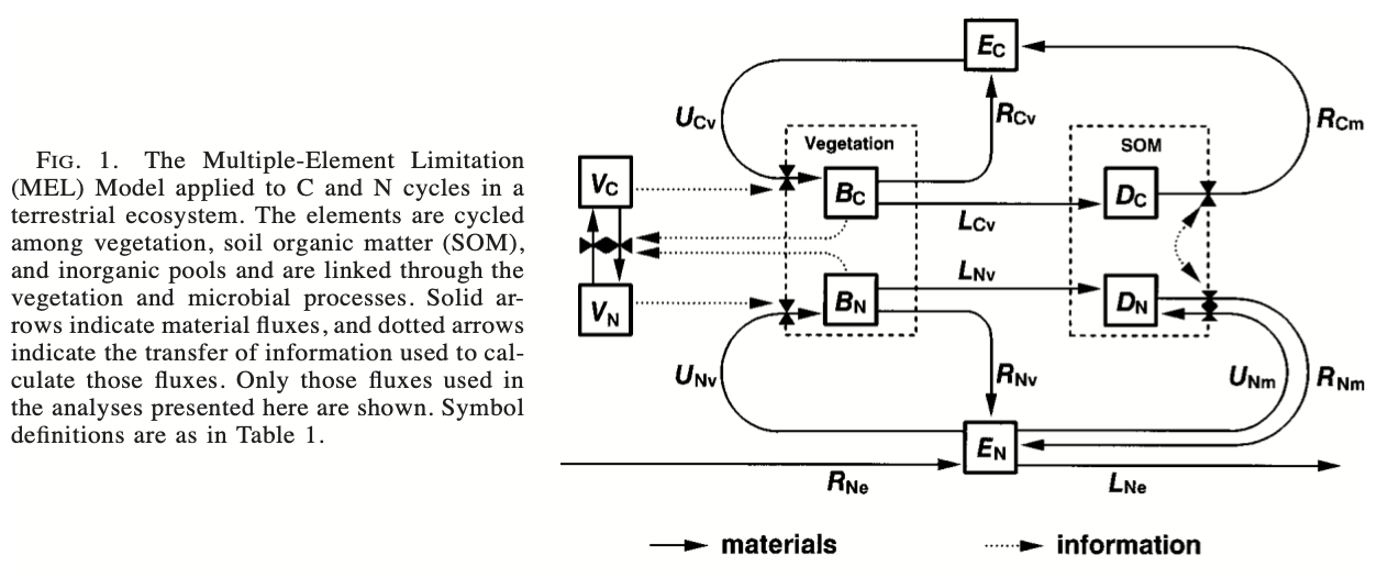 *Fig. 1 from Rastetter et al. 1997. Variables $B$, $E$, and $D$ elements in vegetation biomass, inorganic form (e.g., soil solution, or atmospheric CO$_2$), and organic form in soil detritus. Variable $V_i$ is allocation related to nutrient acquistion. $U$ is uptake by vegetation or microbes in detritus (broadly defined). $R$ is renewal into the inorganic pools. $R_{Ne}$ is N deposition from an external source, and $L_{Ne}$ is loss via leaching or denitrification.  The little triangles or bowties on fluxes refer to some rate-controlling function; $B$ and $V$ exchange information (dotted lines) that influences fluxes. Other terms are explained in the Table below.*